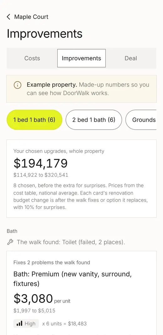Example: DoorWalk Improvements screen for the same made-up property, with the chosen upgrades total and the first option card